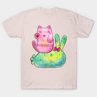 Pink Cat and Green Bunny T-Shirt